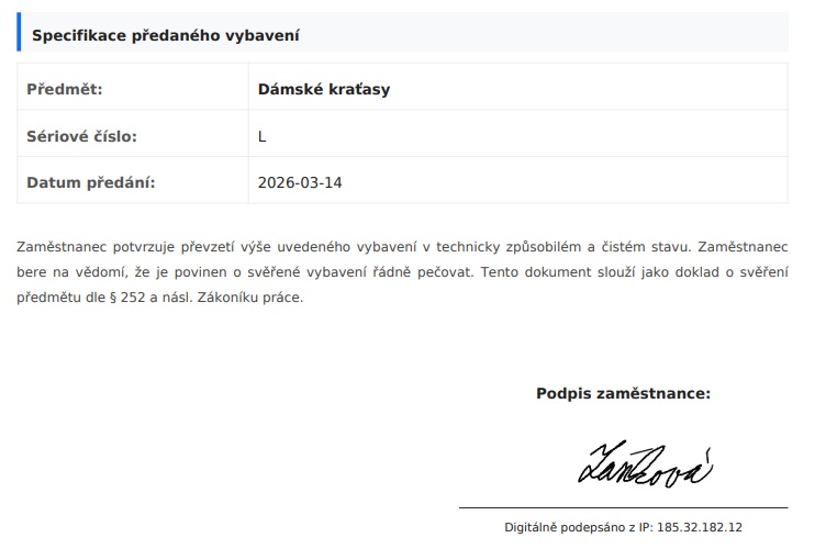 Správa vybavení a digitální potvrzení převzetí
